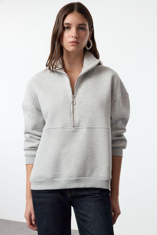 Trendyol Trendyol Gray Melange Oversize / Wide Fit Half Zipper Thick Inside Fleece Knitted Sweatshirt