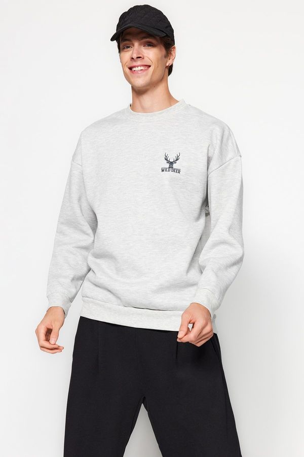 Trendyol Trendyol Gray Melange Oversize/Wide Cut Long Sleeve Animal Embroidered Sweatshirt