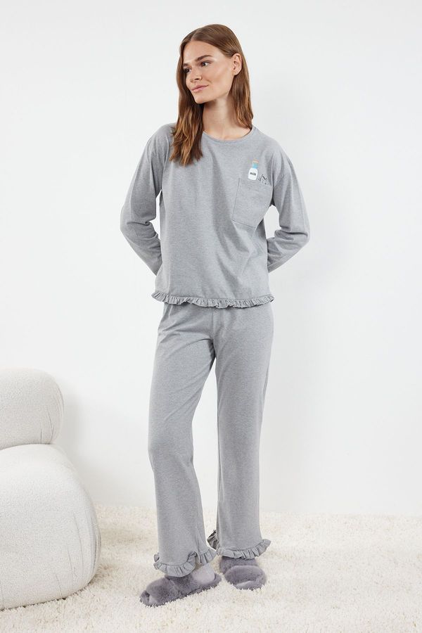 Trendyol Trendyol Gray Melange Printed Pocket Single Jersey Knitted Pajama Set