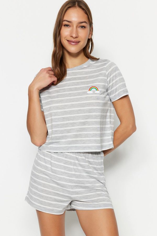 Trendyol Trendyol Gray Melange Rainbow Printed T-shirt-Shorts Knitted Pajamas Set