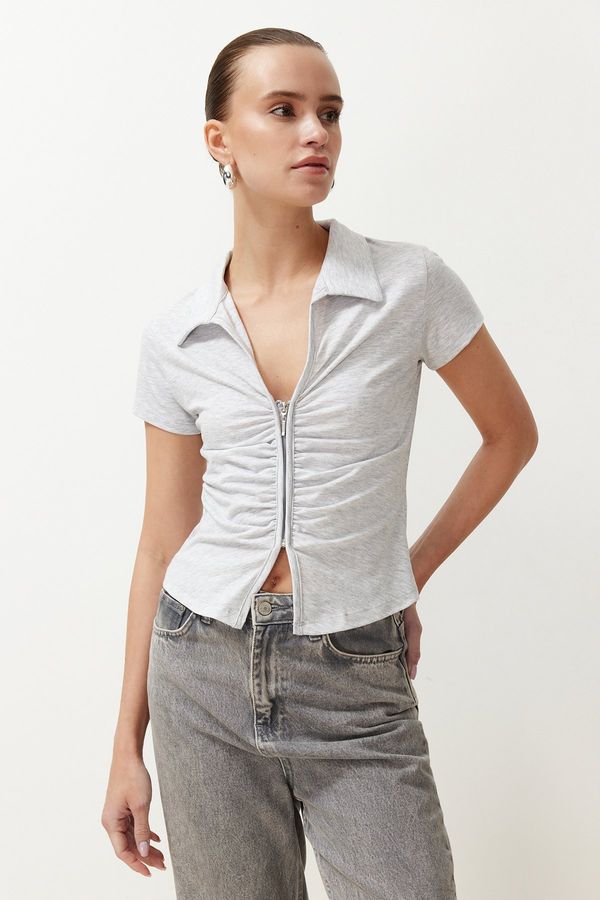 Trendyol Trendyol Gray Melange Regular/Regular Fit Polo Neck Gathered/Drape Detailed Zipper Knitted Blouse