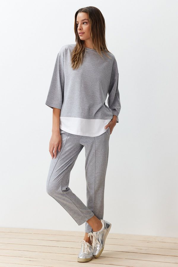 Trendyol Trendyol Gray Melange Relaxed Fit and Woven Garni Detailed Knitted Two Piece Set