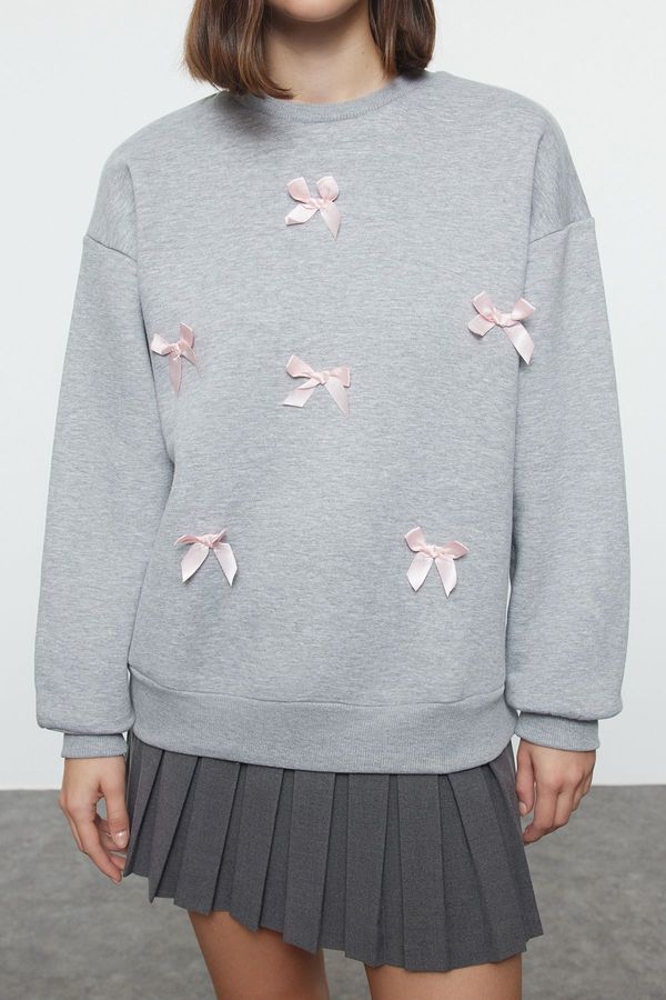 Trendyol Trendyol Gray Melange Ribbon Detailed Oversize/Wide Fit Thick Knitted Sweatshirt