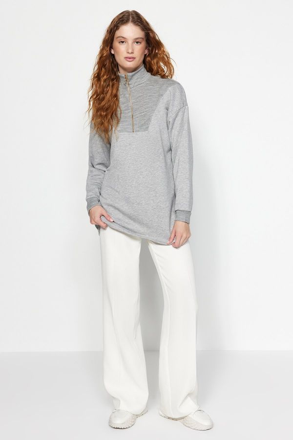 Trendyol Trendyol Gray Melange Sleeve and Collar Detailed Zippered Knitted Sweatshirt