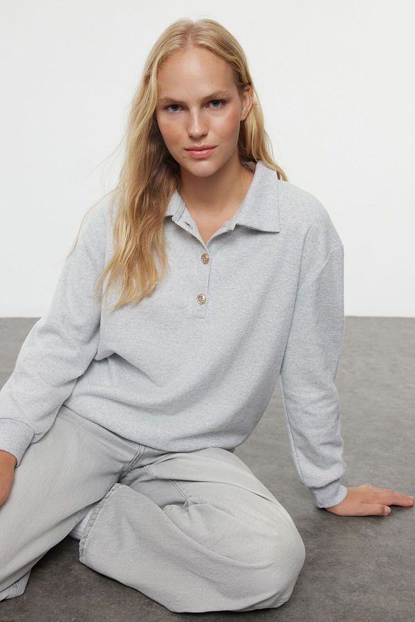 Trendyol Trendyol Gray Melange Thessaloniki/Knitwear Look Regular Pattern Buttoned Knitted Sweatshirt