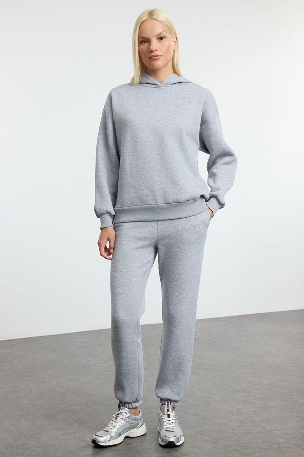 Trendyol Trendyol Gray Melange Thick Fleece Hooded Oversize/Comfortable Cut Knitted Tracksuit Set