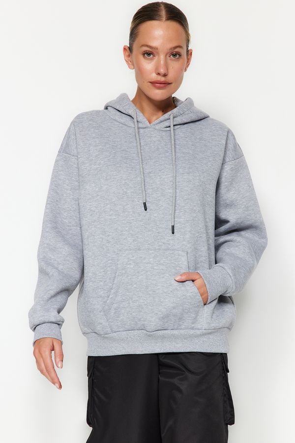 Trendyol Trendyol Gray Melange Thick Fleece Inside Oversize/Wide Fit Hoodie Basic Knitted Sweatshirt