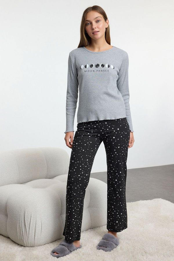 Trendyol Trendyol Gray-Multicolored Galaxy Patterned Ribbed Knitted Pajama Set