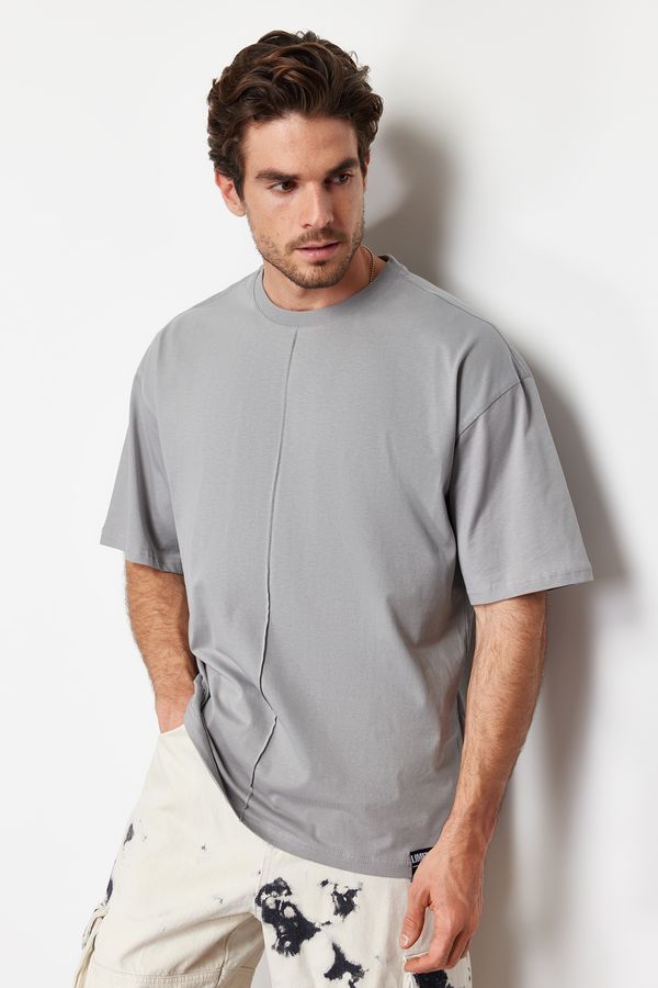 Trendyol Trendyol Gray Oversize 100% Cotton T-Shirt with Stitching Detail