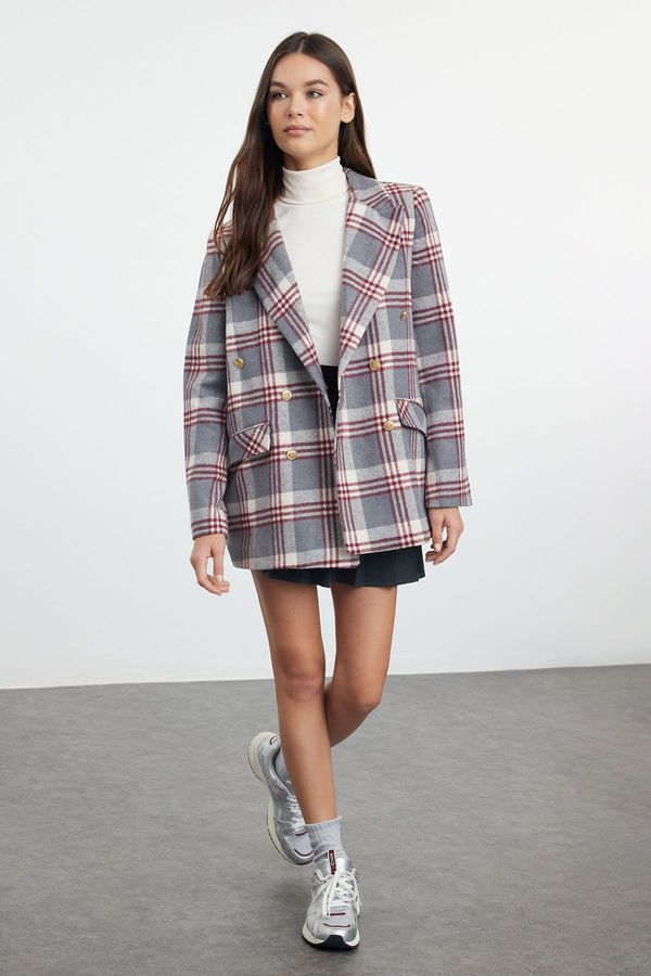 Trendyol Trendyol Gray Oversize Lined Double Breasted Closure Woven Plaid Blazer Jacket