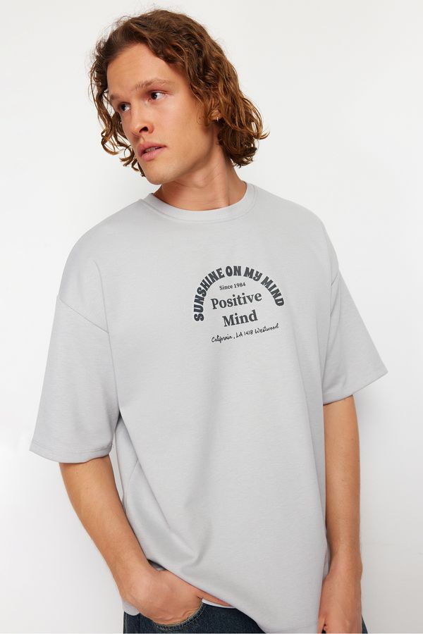 Trendyol Trendyol Gray Oversize / Wide Cut Text Printed Thick T-Shirt