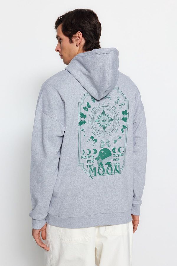 Trendyol Trendyol Gray Oversize/Wide-Fit Hooded Space Printed Fleece Cotton Sweatshirt