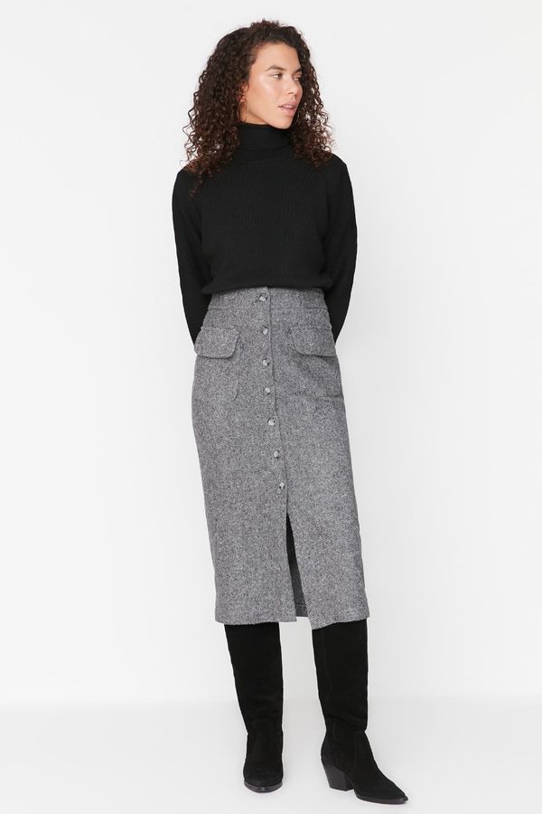 Trendyol Trendyol Gray Pocket Detailed Buttoned Cashmere Fabric Midi Woven Skirt