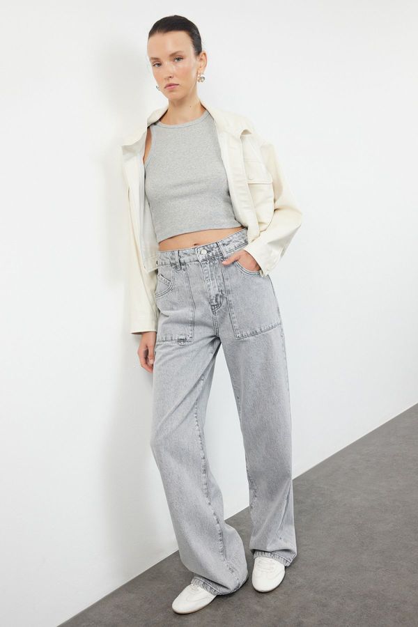 Trendyol Trendyol Gray Pocket Detailed High Waist Wide Leg Jeans