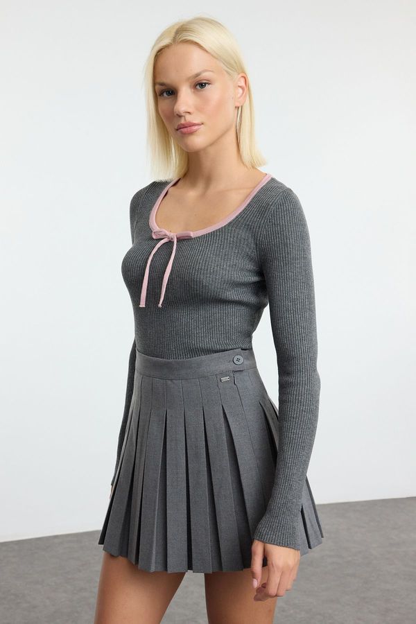 Trendyol Trendyol Gray Premium Yarn/Special Yarn Ribbon/Bow Detailed Knitwear Sweater