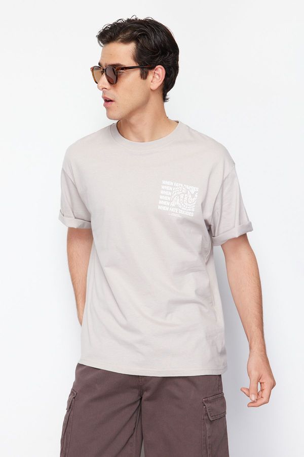 Trendyol Trendyol Gray Relaxed/Comfortable Cut Text Printed Short Sleeve 100% Cotton T-Shirt