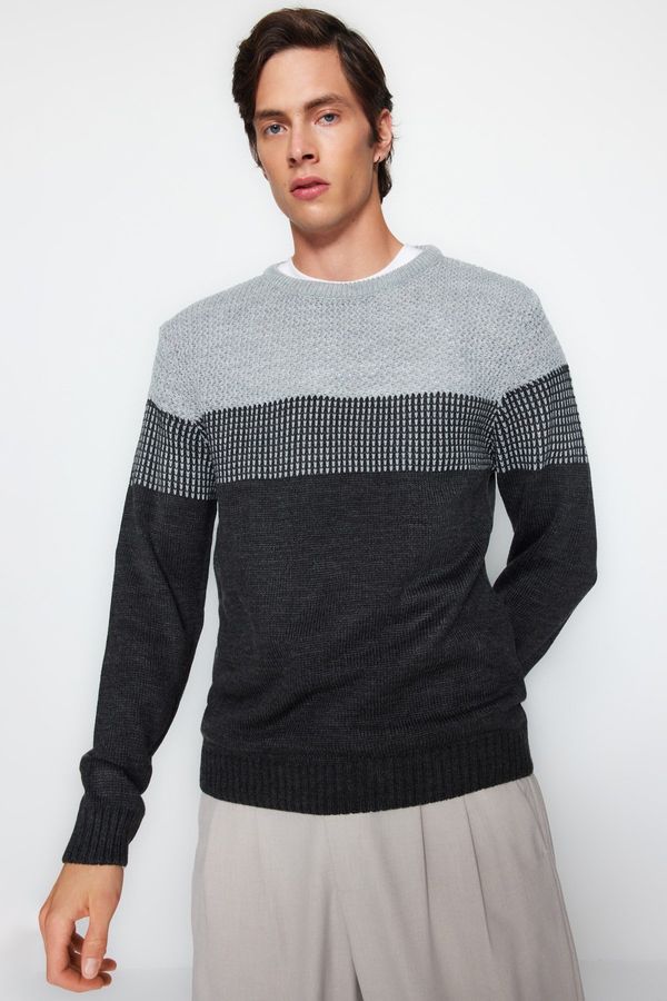 Trendyol Trendyol Gray Slim Fit Crew Neck Block Sweater