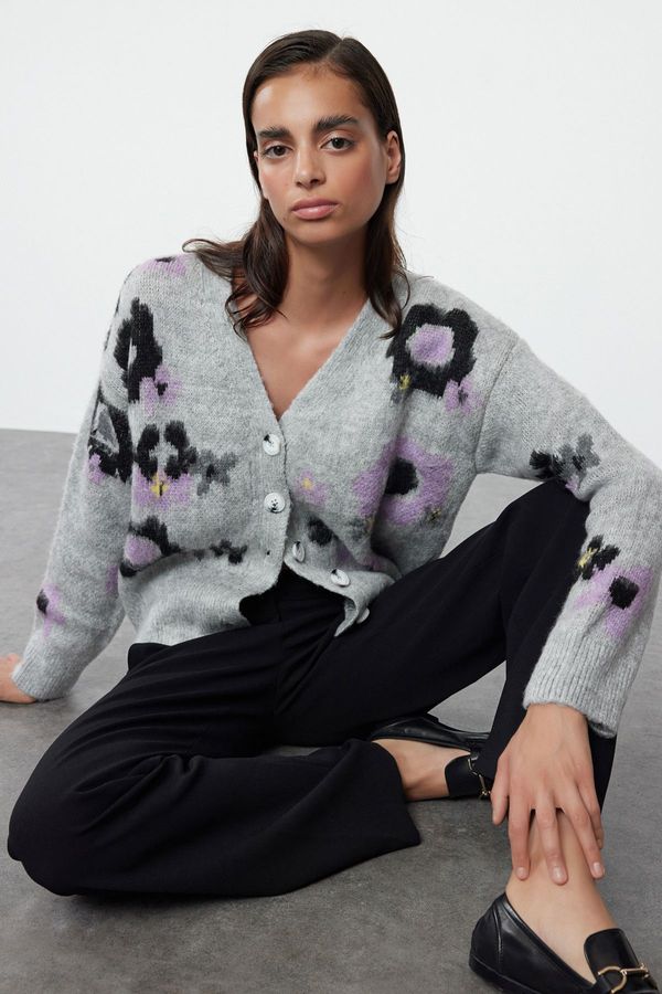 Trendyol Trendyol Gray Soft Textured Floral Patterned Knitwear Cardigan