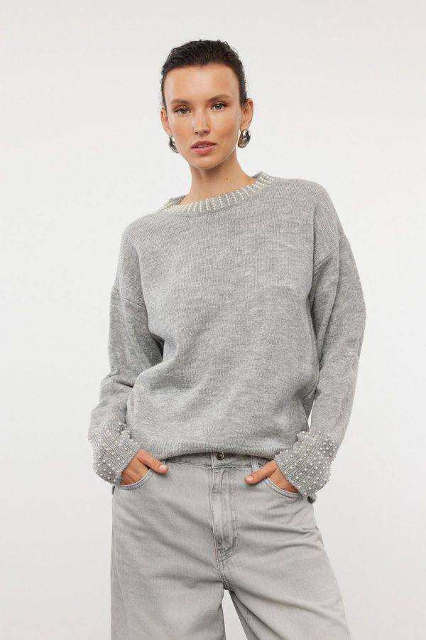 Trendyol Trendyol Gray Soft Textured Stone Embroidered Knitwear Sweater