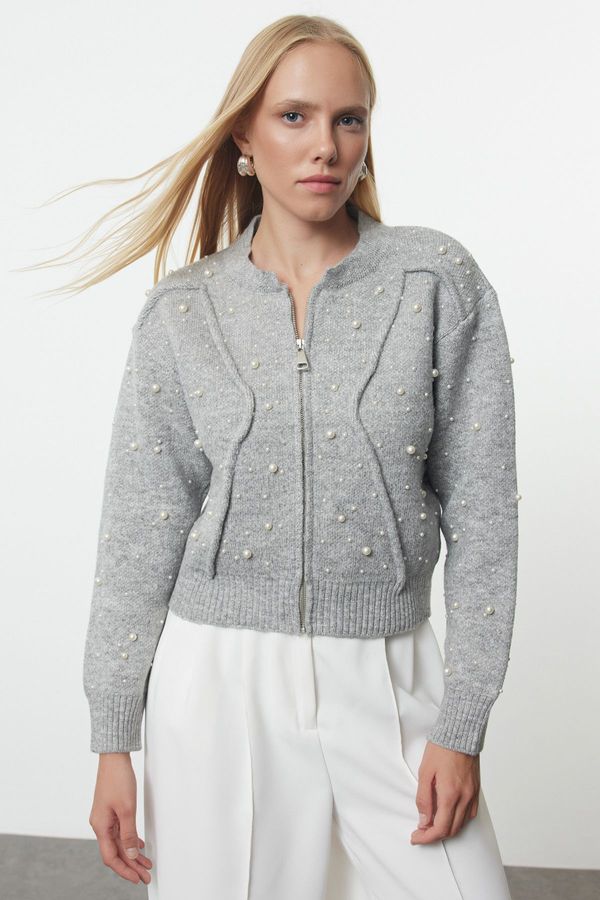 Trendyol Trendyol Gray Soft Textured Zippered Stone Embroidered Jacket-Look Knitwear Cardigan