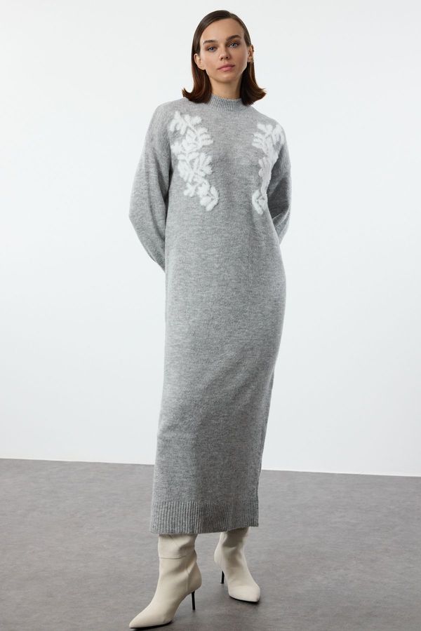 Trendyol Trendyol Gray Stand Collar Jacquard Patterned Knit Dress