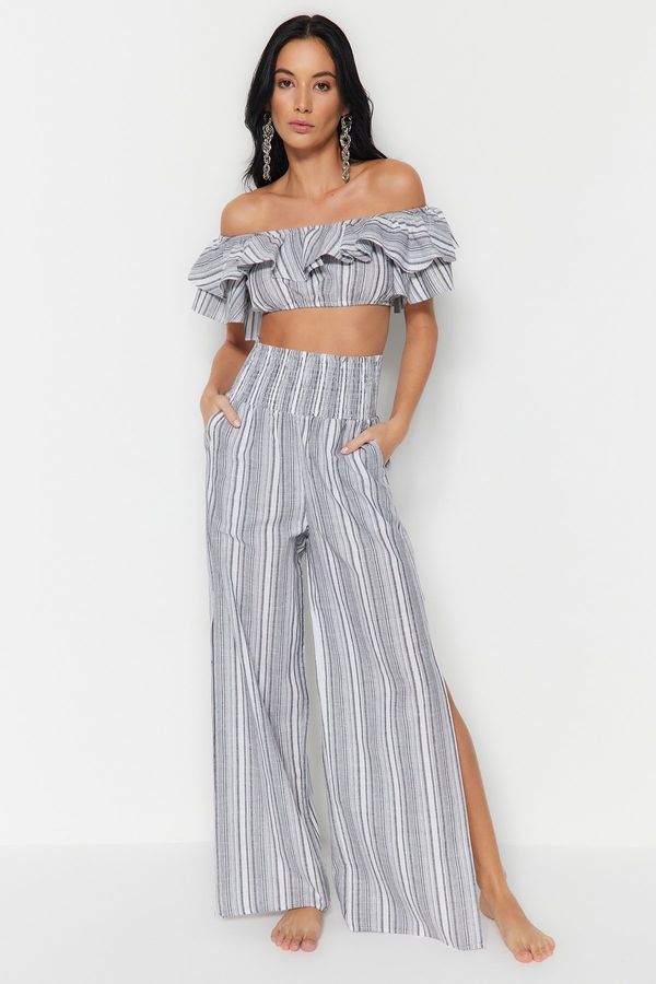 Trendyol Trendyol Gray Striped Woven Frilly Blouse Trouser Suit