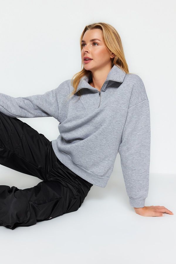 Trendyol Trendyol Gray Thick Inside Fleece Zippered Oversize/Wide Fit Knitted Sweatshirt