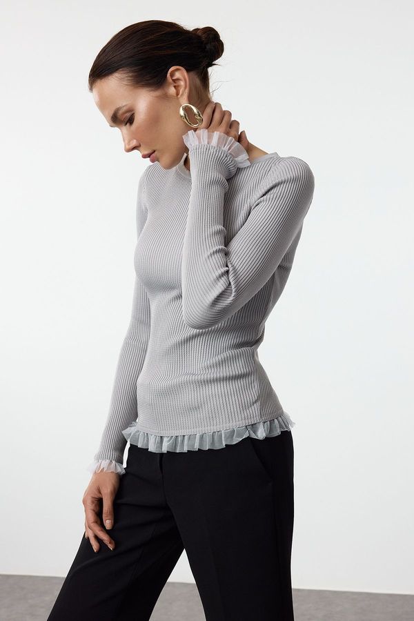 Trendyol Trendyol Gray Tulle Detailed Thin Knit Sweater