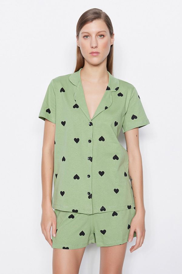 Trendyol Trendyol Green 100% Cotton Heart Patterned Shirt-Shorts Knitted Pajama Set