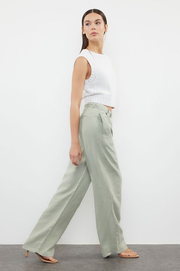 Trendyol Trendyol Green 100% Linen Pleated High Waist Wide Leg Trousers