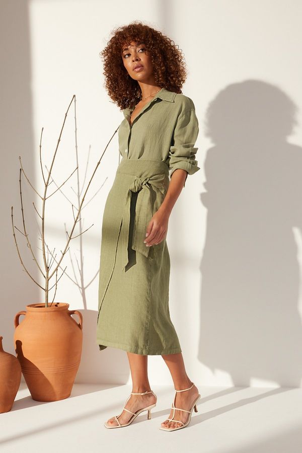 Trendyol Trendyol Green 100% Linen Tie Midi Skirt