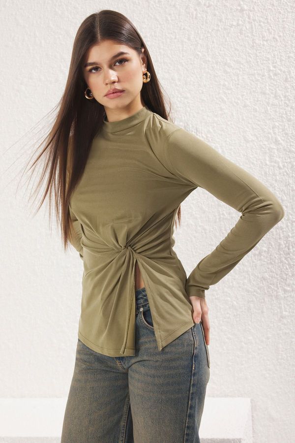 Trendyol Trendyol Green 100% Modal Content Gathering Detailed Crew Neck Asymmetrical Knitted Blouse