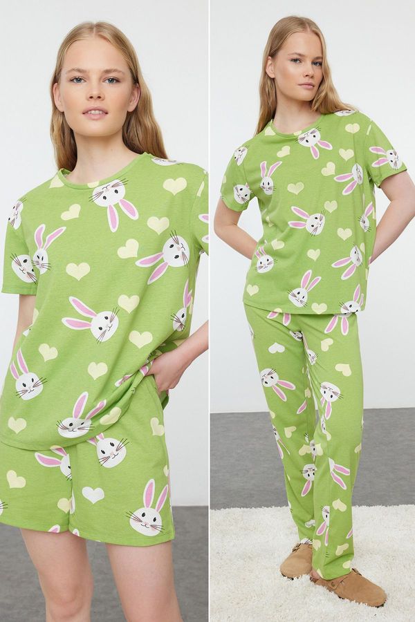 Trendyol Trendyol Green 3-Pack 100% Cotton Rabbit and Heart Knitted Pajama Set