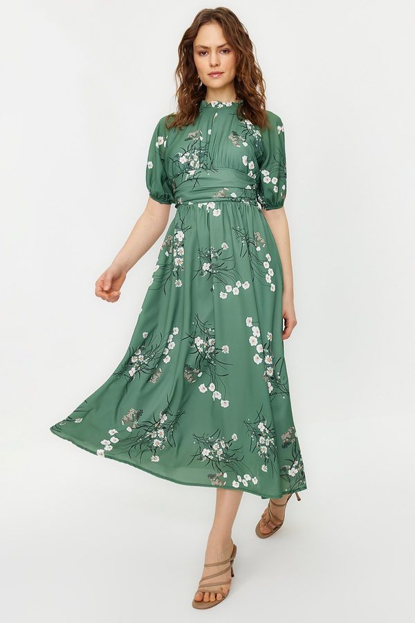 Trendyol Trendyol Green Balloon Sleeve Floral Long Dress