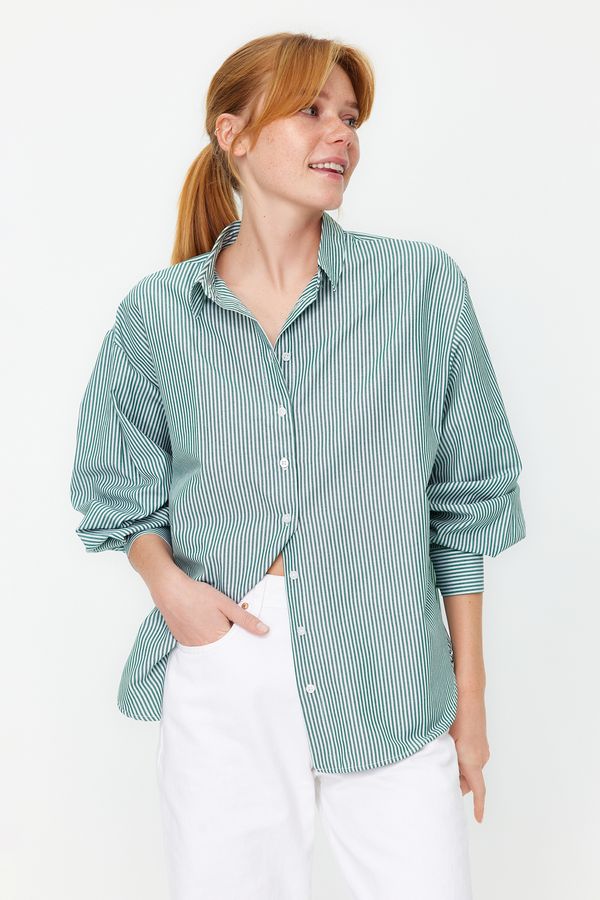 Trendyol Trendyol Green Basic Striped Oversize Wide Fit Woven Shirt