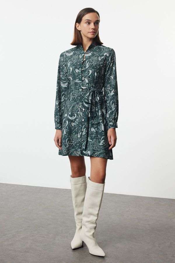 Trendyol Trendyol Green Belted Shawl Pattern Lined Mini Woven Shirt Dress