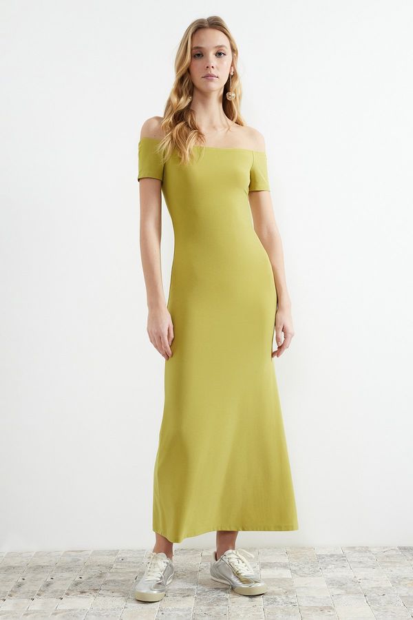 Trendyol Trendyol Green Carmen Collar Fitted/Fitted Stretchy Knitted Maxi Pencil Dress