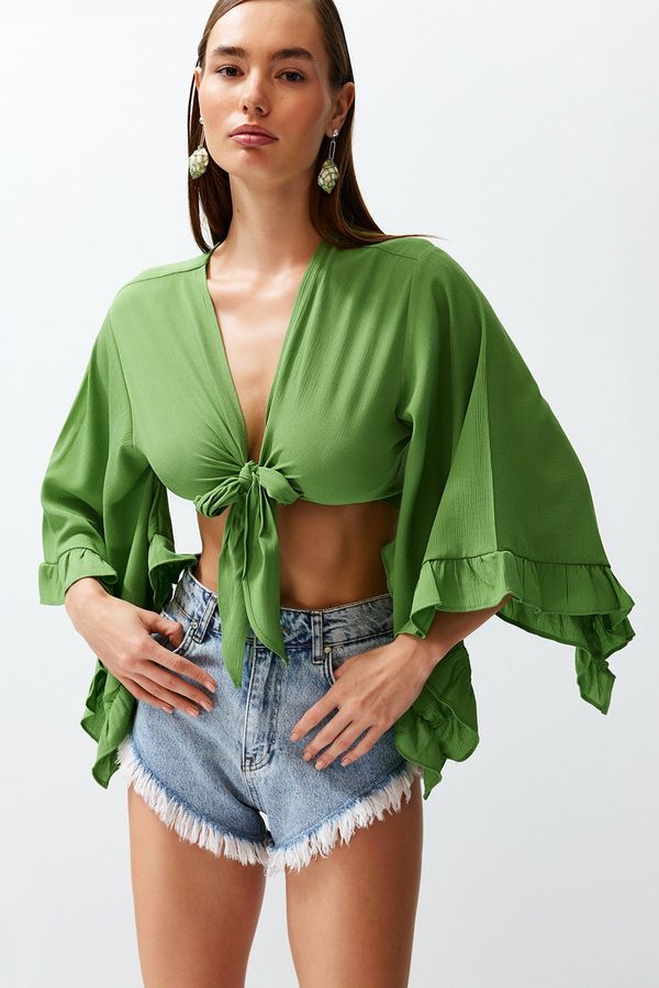 Trendyol Trendyol Green Crop Woven Tied Blouse