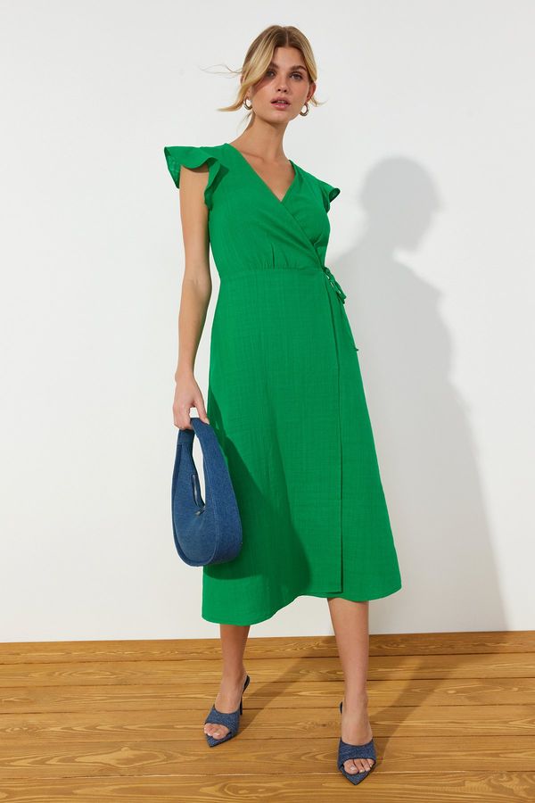 Trendyol Trendyol Green Double Breasted Ruffle Detailed Midi Woven Linen Look Dress