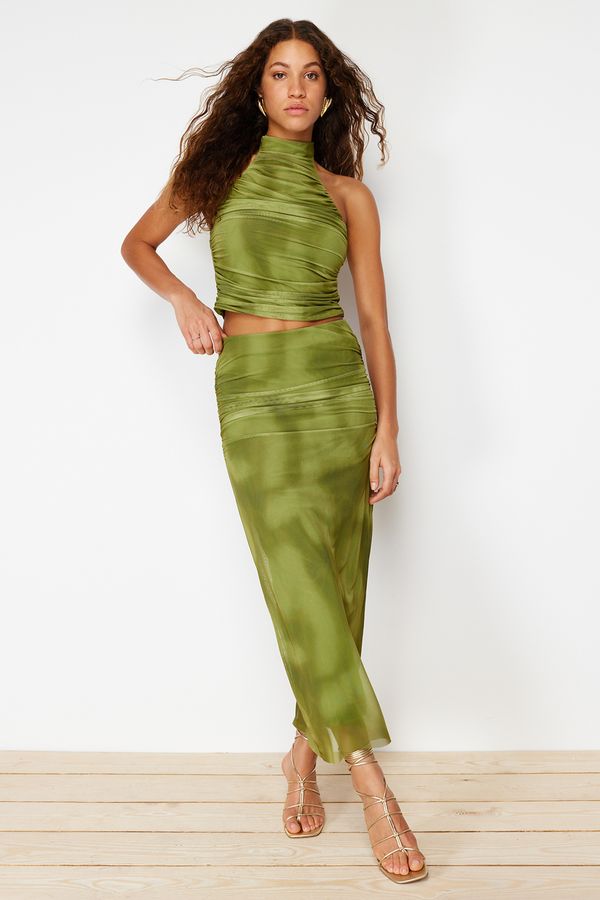 Trendyol Trendyol Green Draped Maxi Tulle Stretch Knitted Skirt