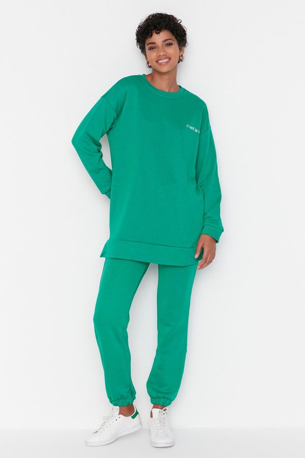 Trendyol Trendyol Green Embroidered Crew Neck Basic Knitted Tracksuit Set