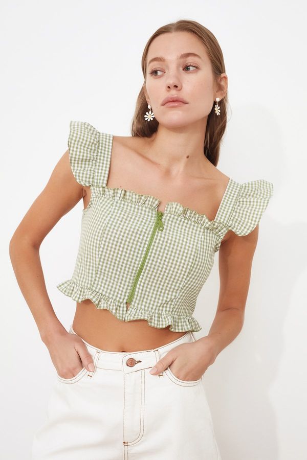 Trendyol Trendyol Green Fitted Woven Crop Zipper Detail Gingham Blouse