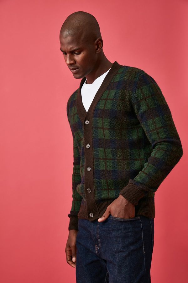 Trendyol Trendyol Green FL Men's Regular V Neck Plaid / Checked Knitwear Cardigan