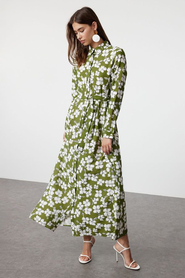 Trendyol Trendyol Green Floral Patterned Belted Woven Hijab Dress