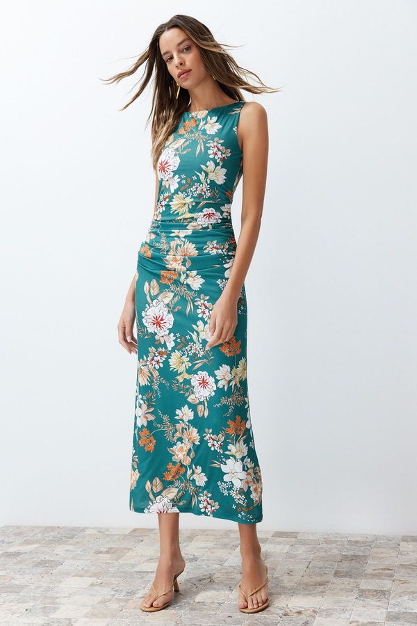 Trendyol Trendyol Green Floral Printed Bright Surface Ski Rock Body Fitting Flexible Knitted Pencil Dress