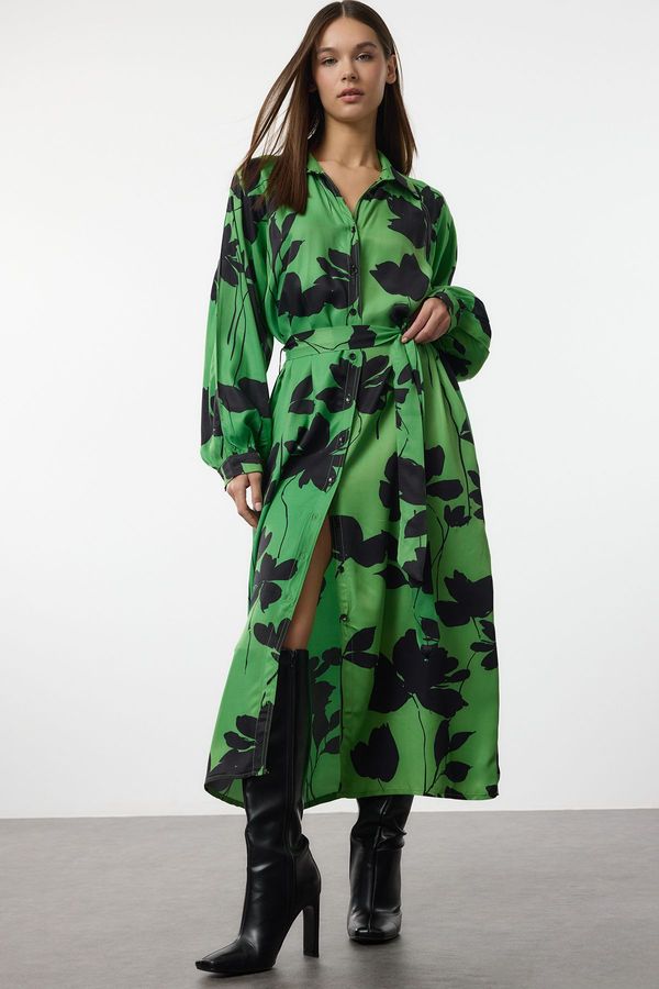 Trendyol Trendyol Green Floral Sleeve Stitch Detail Premium Fabric Maxi Shirt Dress