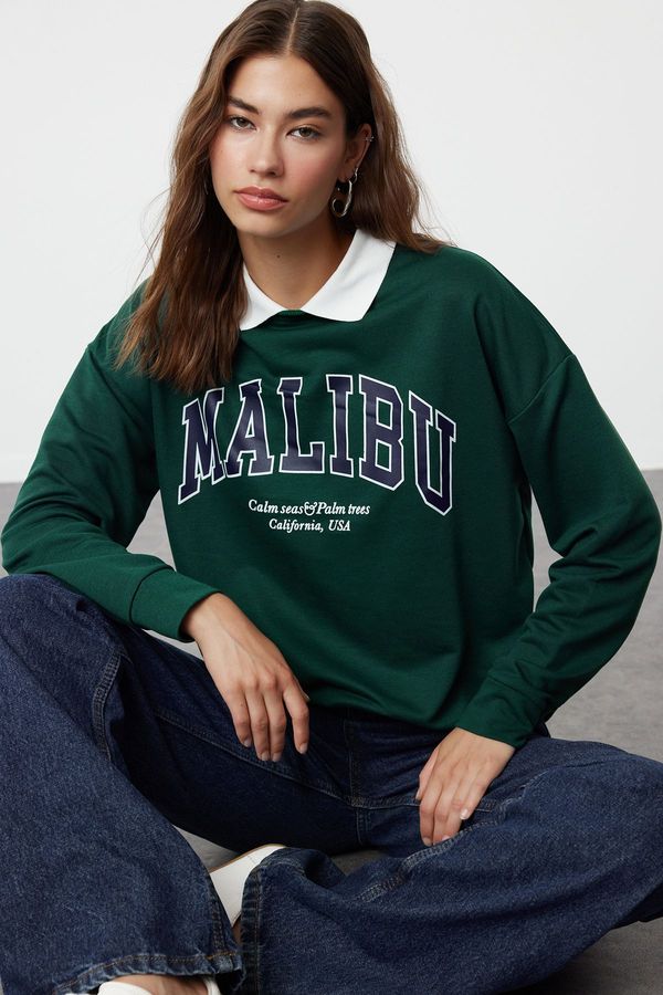 Trendyol Trendyol Green Front Printed Polo Neck Knitted Sweatshirt