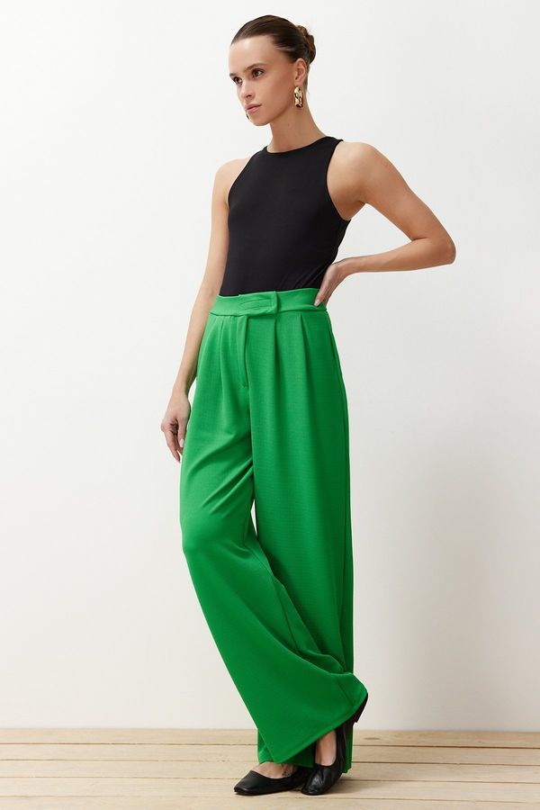 Trendyol Trendyol Green Hook and Loop Closure High Waist Pleated Wide Leg/Wide Cut Knitted Palazzo Trousers