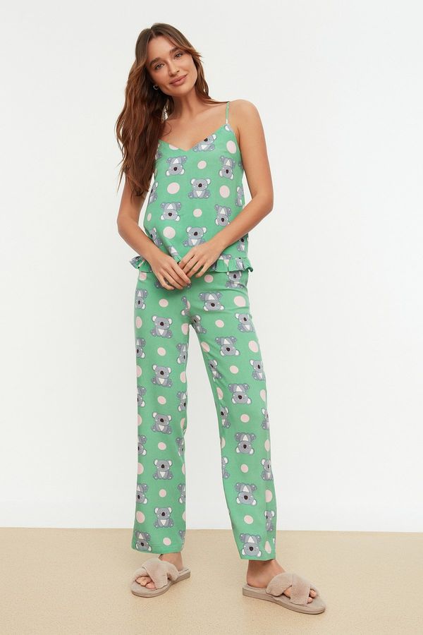 Trendyol Trendyol Green Koala Patterned Frilled Undershirt-Pants Woven Pajama Set