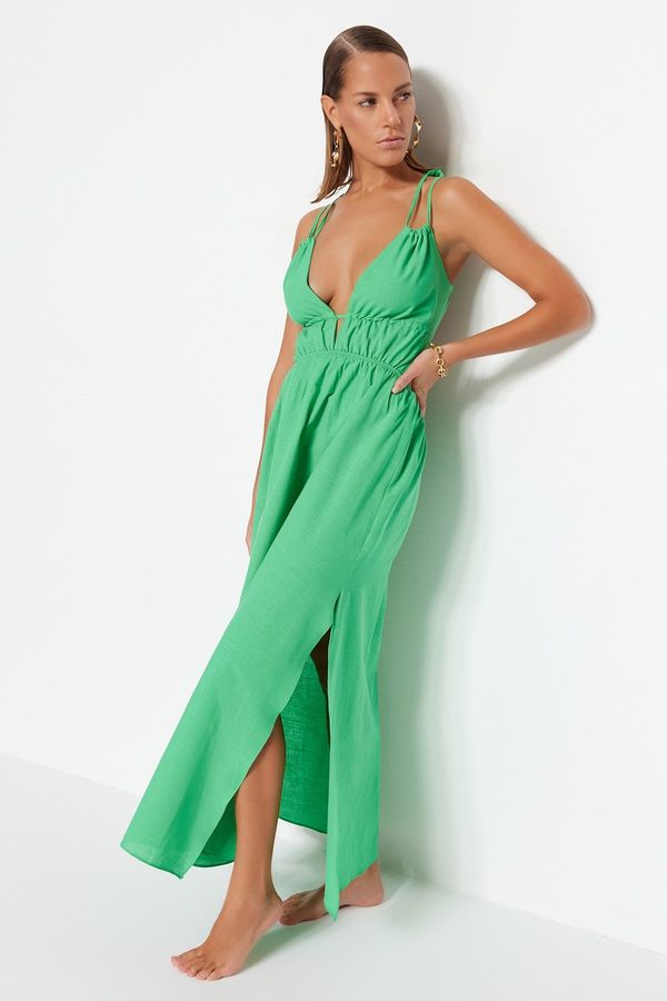 Trendyol Trendyol Green Maxi tkane reže 100% bombažna obleka za plažo